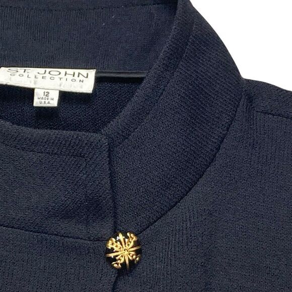 St. John Collection Jacket Women 12 Black Knit Silk Floral Trim Mock Neck Blazer - Picture 5 of 16